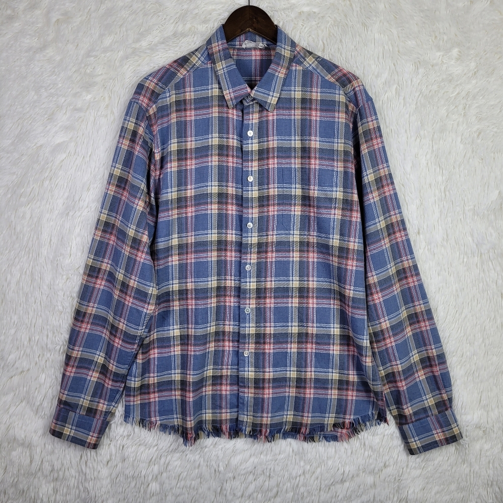 Frame Mens XL Frayed Raw Hem Stretch Flannel Dusty Blue Plaid Grunge Indie‎